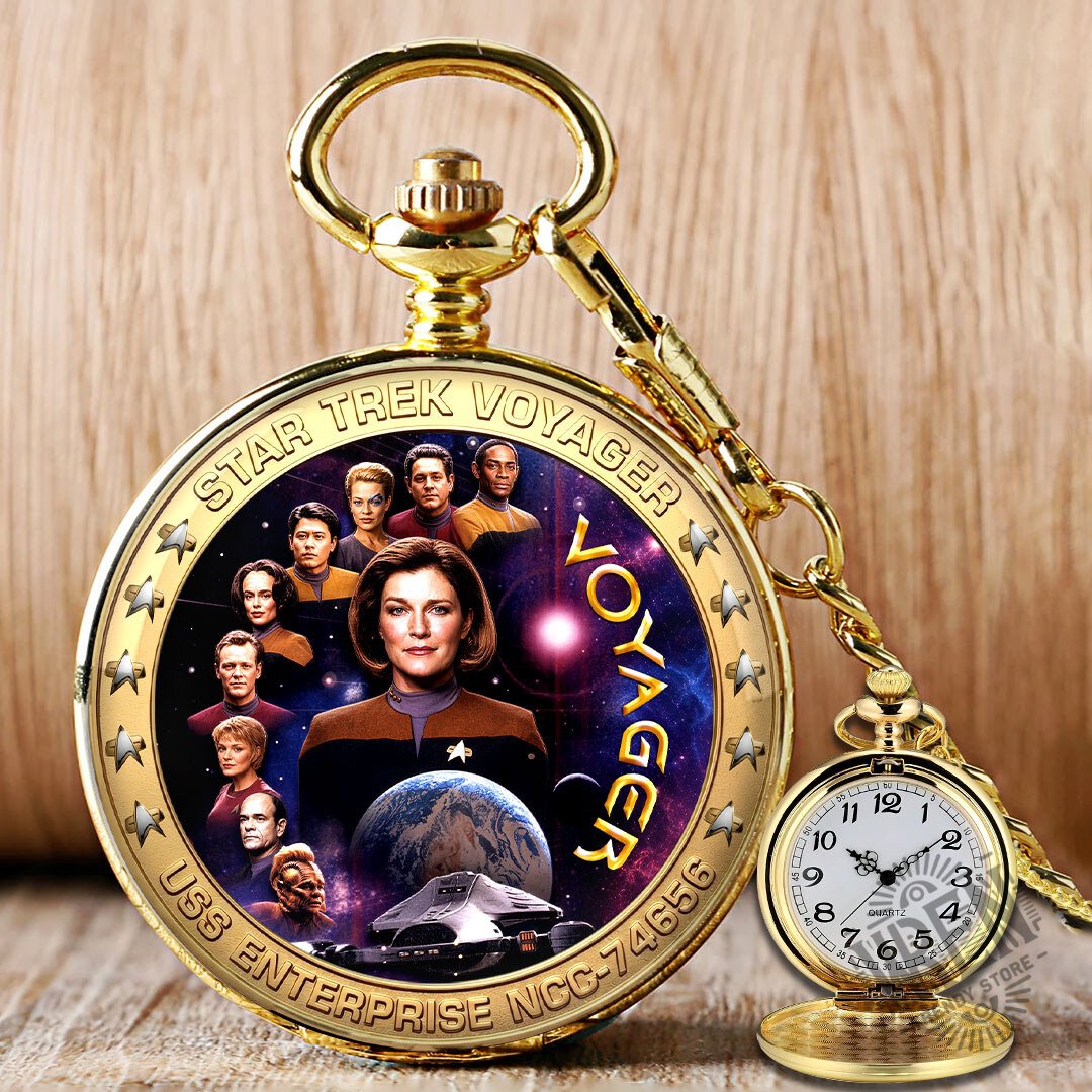 Star Trek Voyager Gold Tone Pocket Watch with Chain and Stand