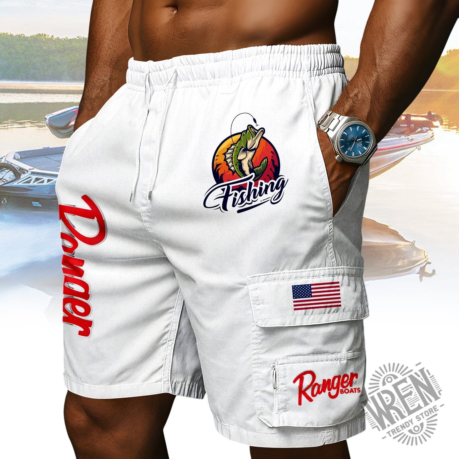 Donner Ranger Boats Fishing Bass American Flag Men's Cargo Shorts