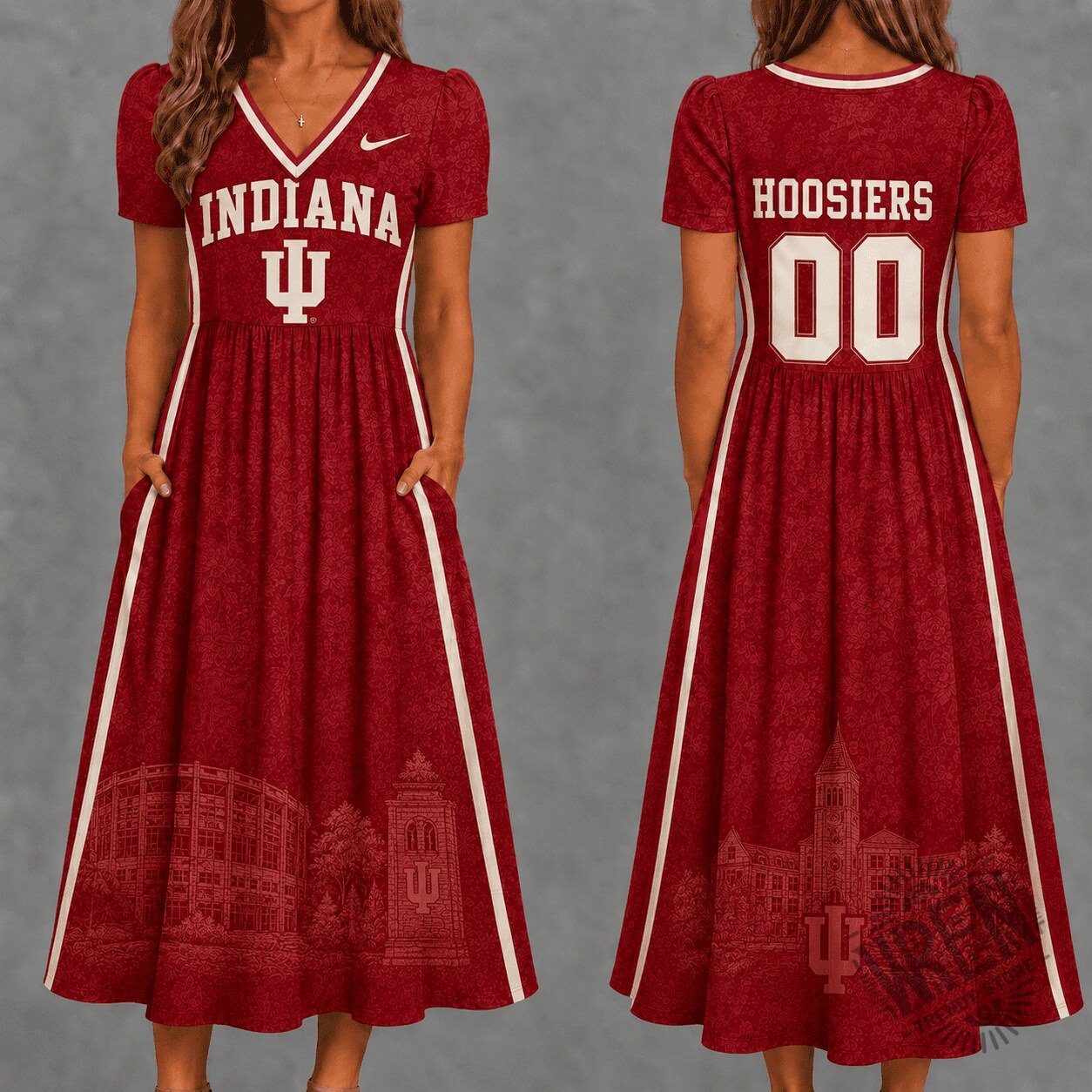 Indiana Hoosiers Women's Personalized V-Neck Midi Dress with Pockets