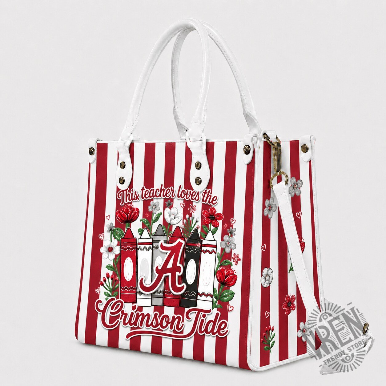 Alabama Crimson Tide Teacher Loves Floral Crayon Striped Leather Handbag