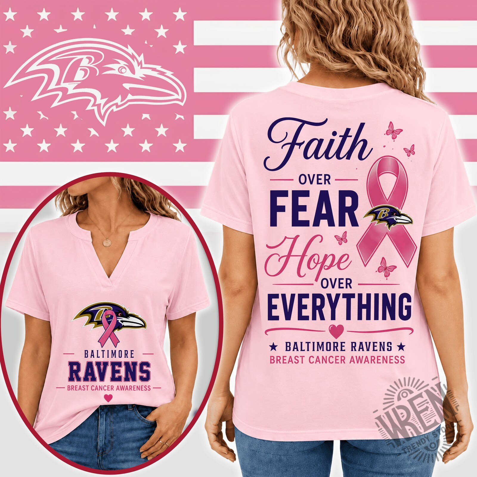 Baltimore Ravens Breast Cancer Awareness Faith Over Fear Hope Over Everything T-Shirt