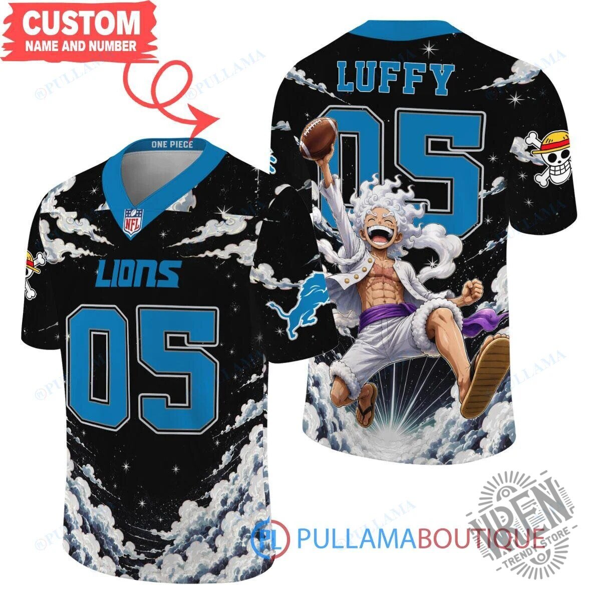 Detroit Lions Football One Piece Monkey D. Luffy Gear 5 Jersey