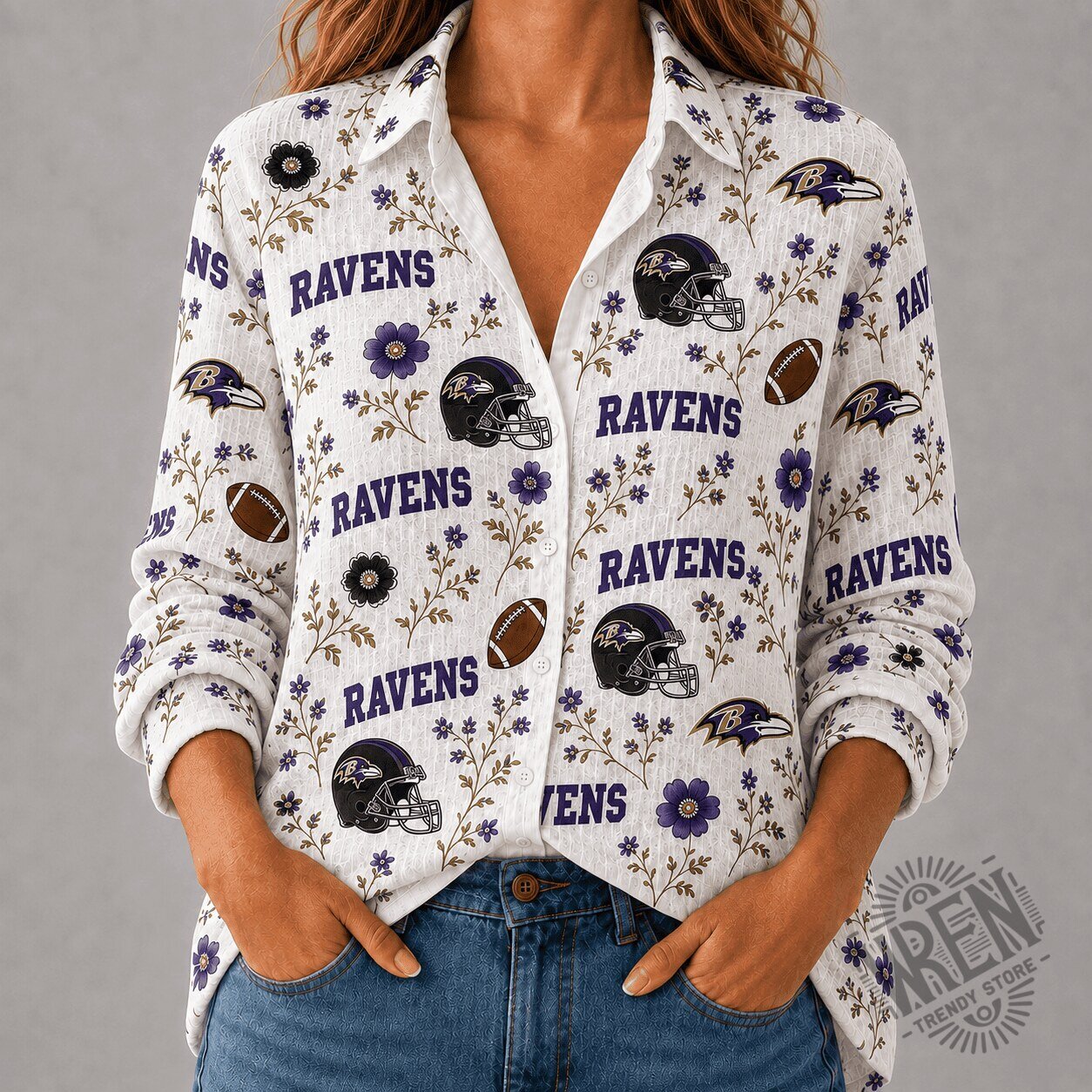 Baltimore Ravens Women's Floral Print Button-Up Shirt