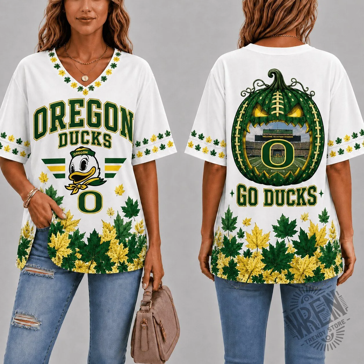 Oregon Ducks Shirt Autumn Leaves Pumpkin Football Season V-Neck T-Shirt 2 Oregon Ducks Shirt Autumn Leaves Pumpkin Football Season V-Neck T-Shirt