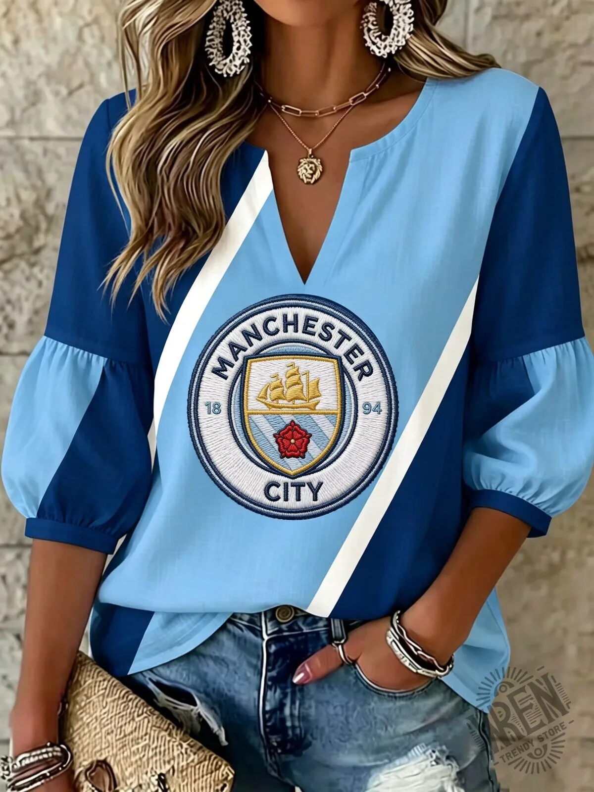 Manchester City Football Club Women's V-Neck Casual Shirt
