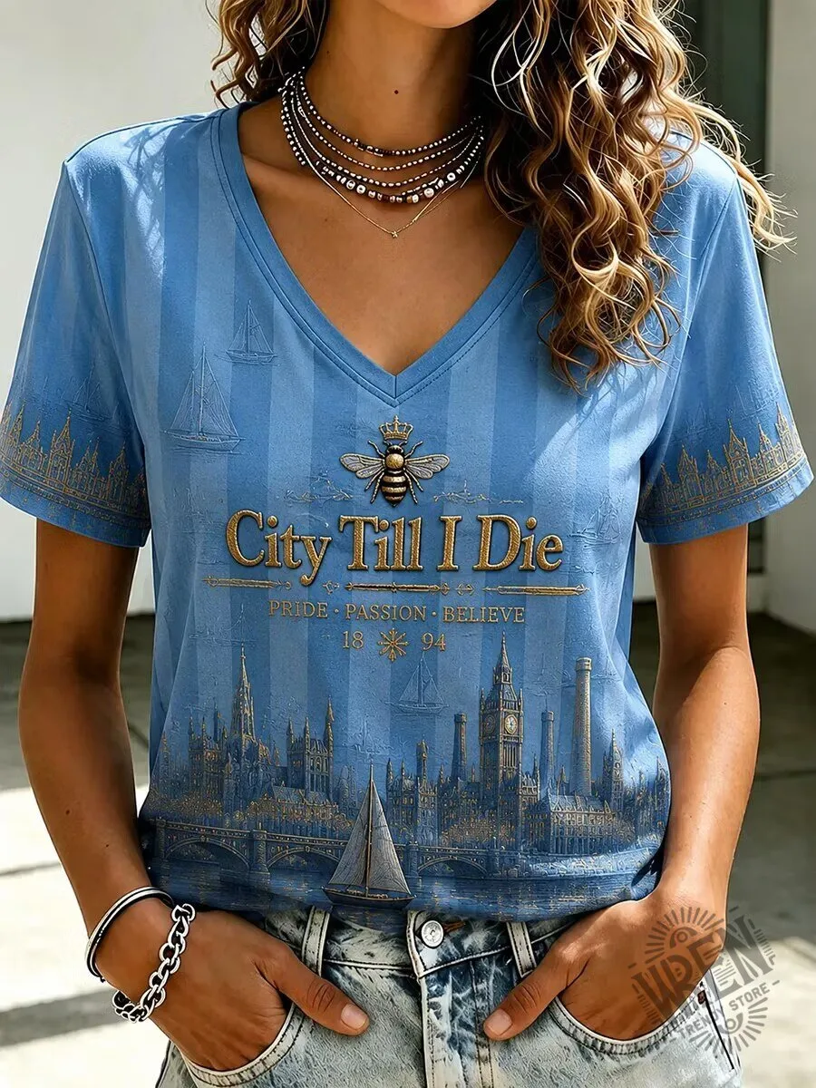 City Till I Die Manchester Bee Graphic Print V-Neck T-Shirt