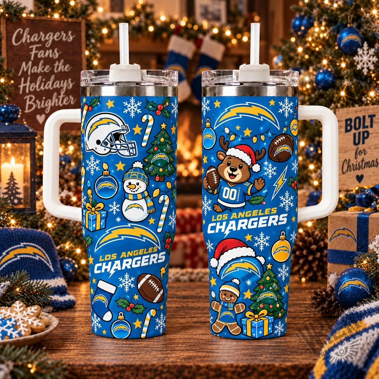Los Angeles Chargers Christmas Holiday Stainless Steel Tumbler with Handle