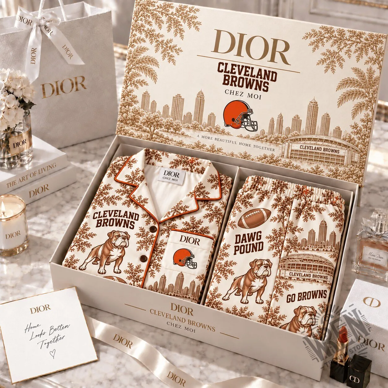 Cleveland Browns Dior Luxury Satin Pajama Set for Women 1 Cleveland Browns Dior Luxury Satin Pajama Set for Women