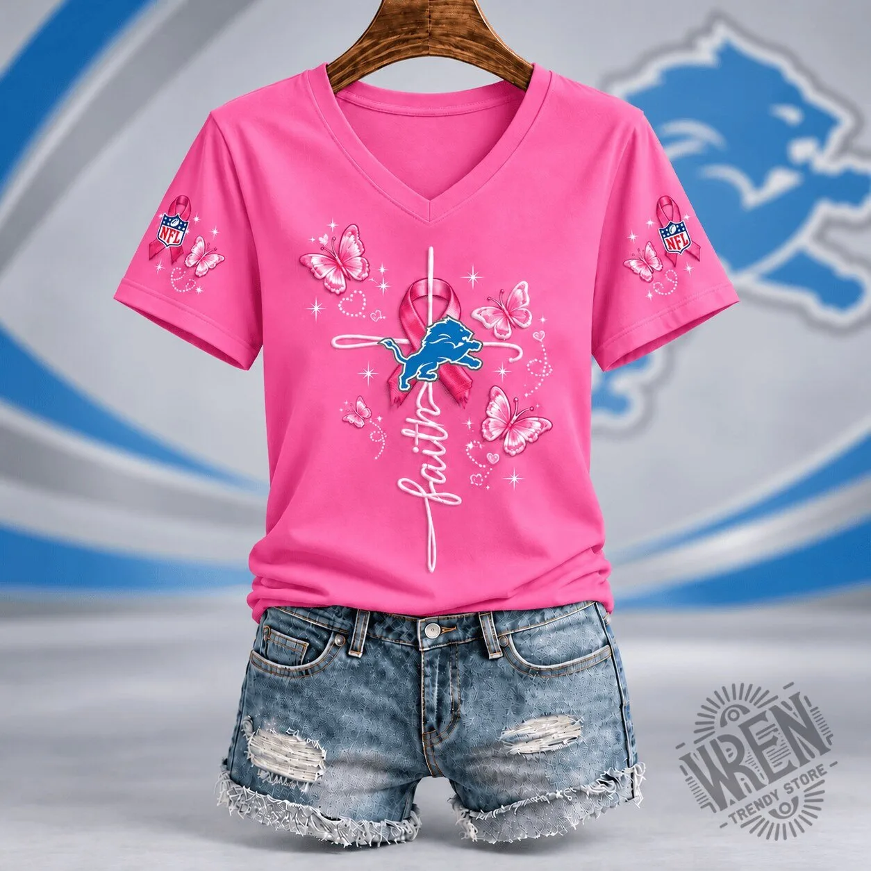 Detroit Lions Faith Hope Love Breast Cancer Awareness Pink V-Neck T-Shirt