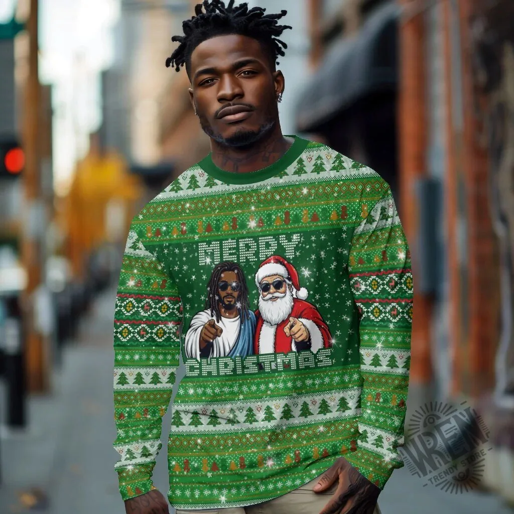 Long-Sleeve Shirt featuring an Ugly Sweater Design of Black Jesus and Santa Claus for Merry Christmas