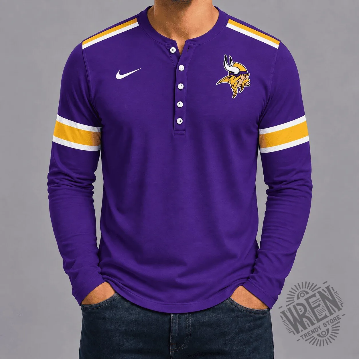 Minnesota Vikings Purple Gold Stripe Long Sleeve Henley Shirt 3 Minnesota Vikings Purple Gold Stripe Long Sleeve Henley Shirt