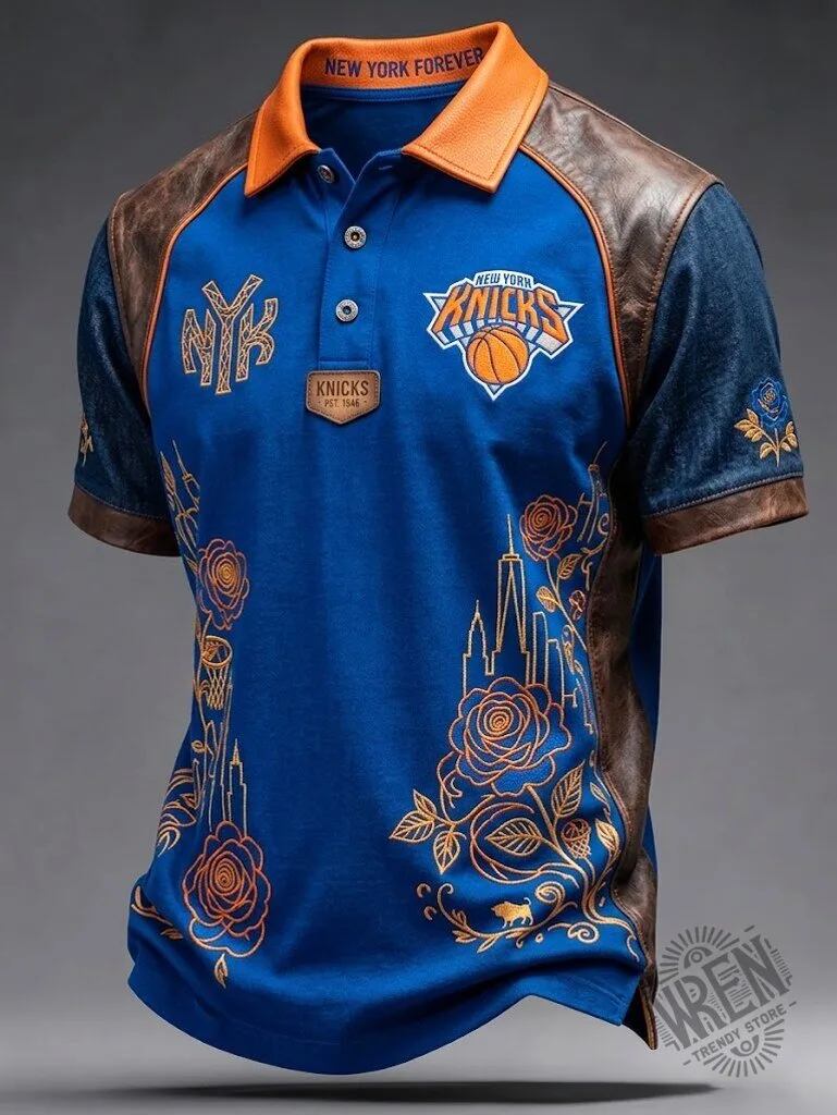 New York Knicks Floral Skyline Leather Accent Polo Shirt for Men
